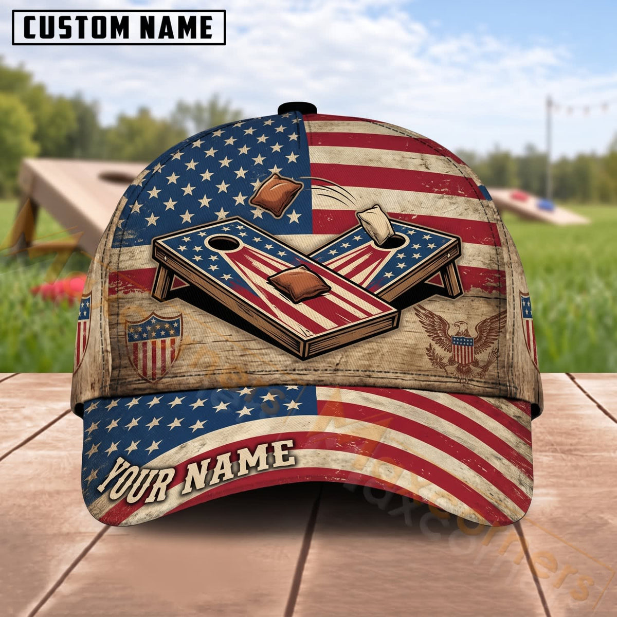 Maxcorners Cornhole American Flag Board And Bags Rustic Patriotic Personalized Name 3D Cap