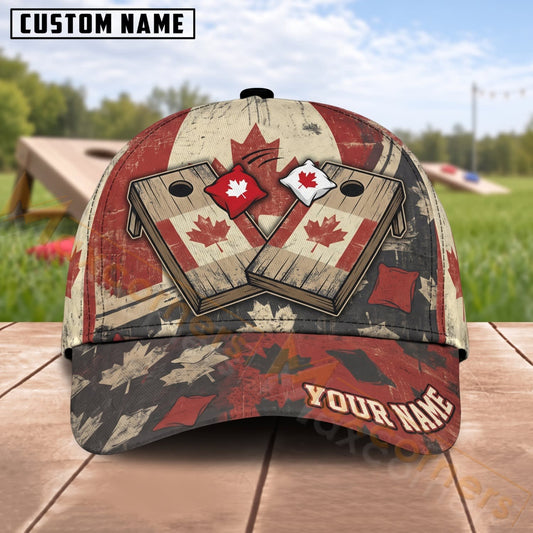 Maxcorners Cornhole Canadian Flag Crossed Boards Maple Leaf Vintage Personalized Name 3D Cap