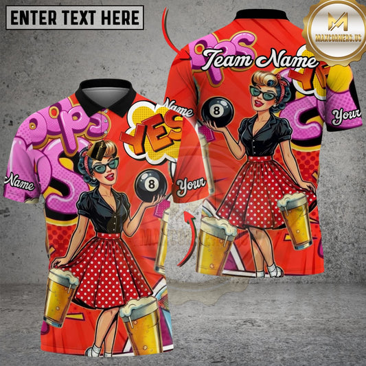 Maxcorners Billiards 8 Ball Pin-up Beauty & Beer Retro Customized Name, Team Name 3D Shirt (6 Colors)