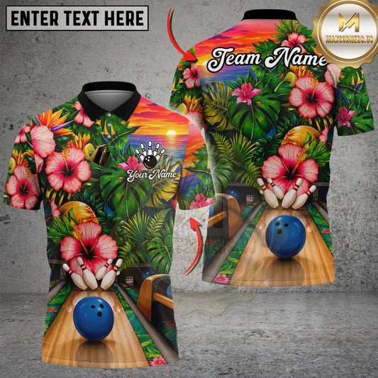 Maxcorners Bowling Tropical Sunset Aloha Strike Customized Name, Team Name 3D Shirt