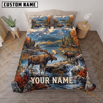 Maxcorners Moose Hunting Snowy Mountain River Custom Name 3D Bedding Set