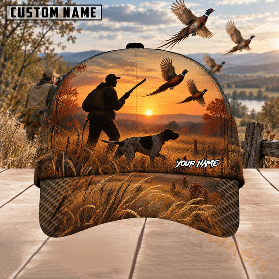 Maxcorners Upland Bird Hunting Sunset Hunter Dog & Flying Pheasants Personalized Name 3D Cap