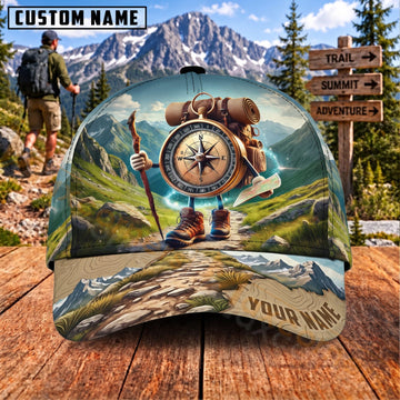 Maxcorners Hiking Backpack Compass Mountain Landscape Adventure Personalized Name 3D Cap