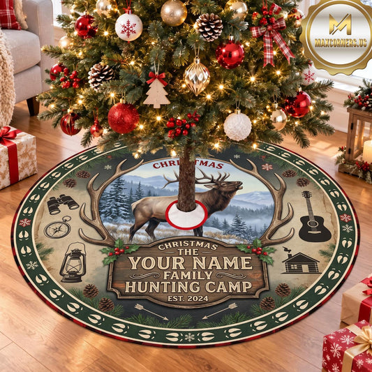 Maxcorners Hunting Antlers Wildlife Camp Badge Personalized Name 3D Christmas Tree Skirt