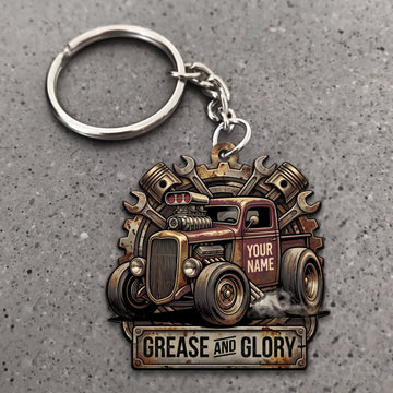 Maxcorners Hot Rod Rusty Brown Classic Roadster with Grease and Glory Gear Badge Personalized Name 3D Keychain And Ornament