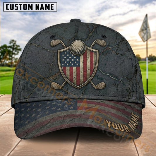 Maxcorners Golf USA Shield Vintage Personalized Name 3D Cap