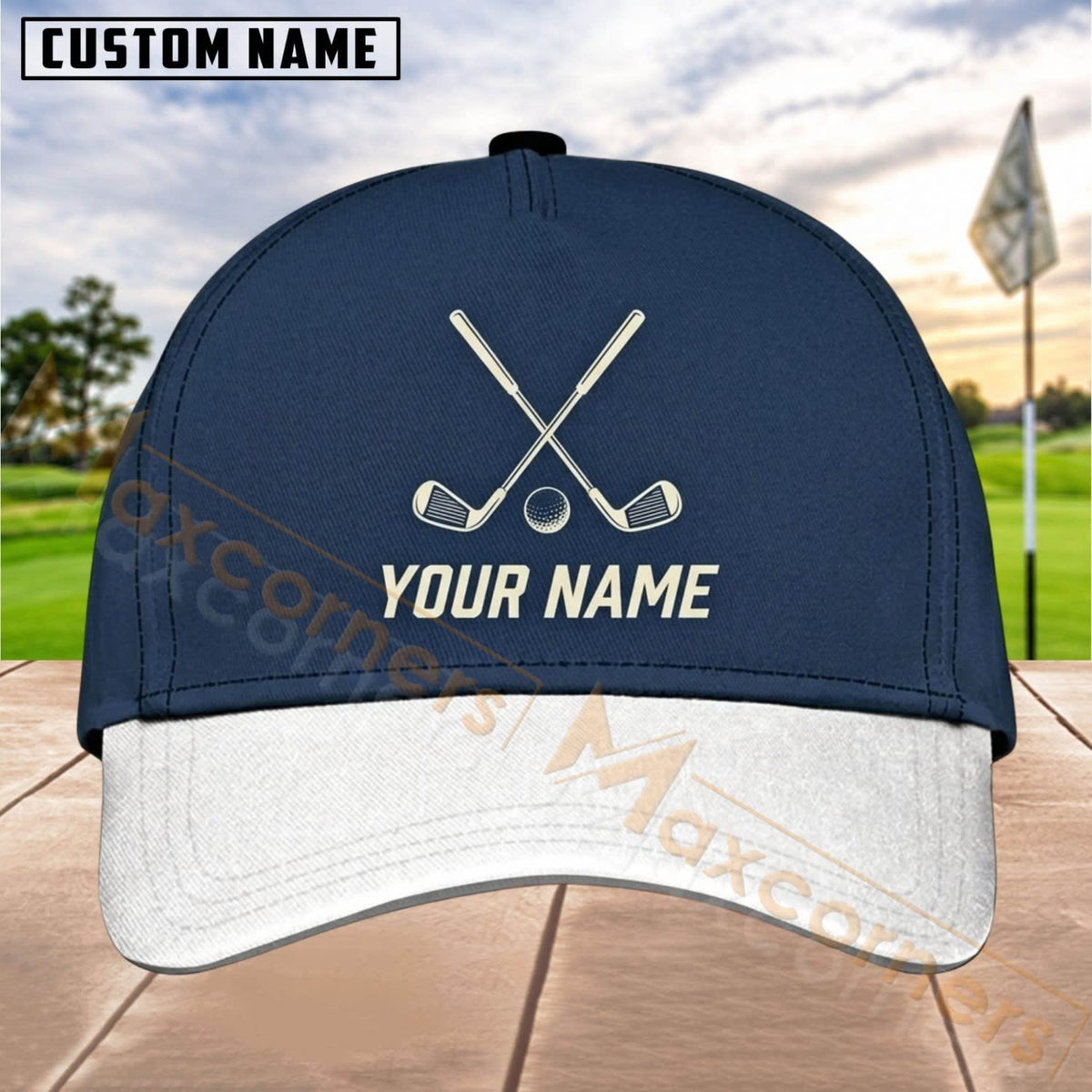 Maxcorners Golf Crossed Clubs Minimal Logo Personalized Name 3D Cap (5 Colors)