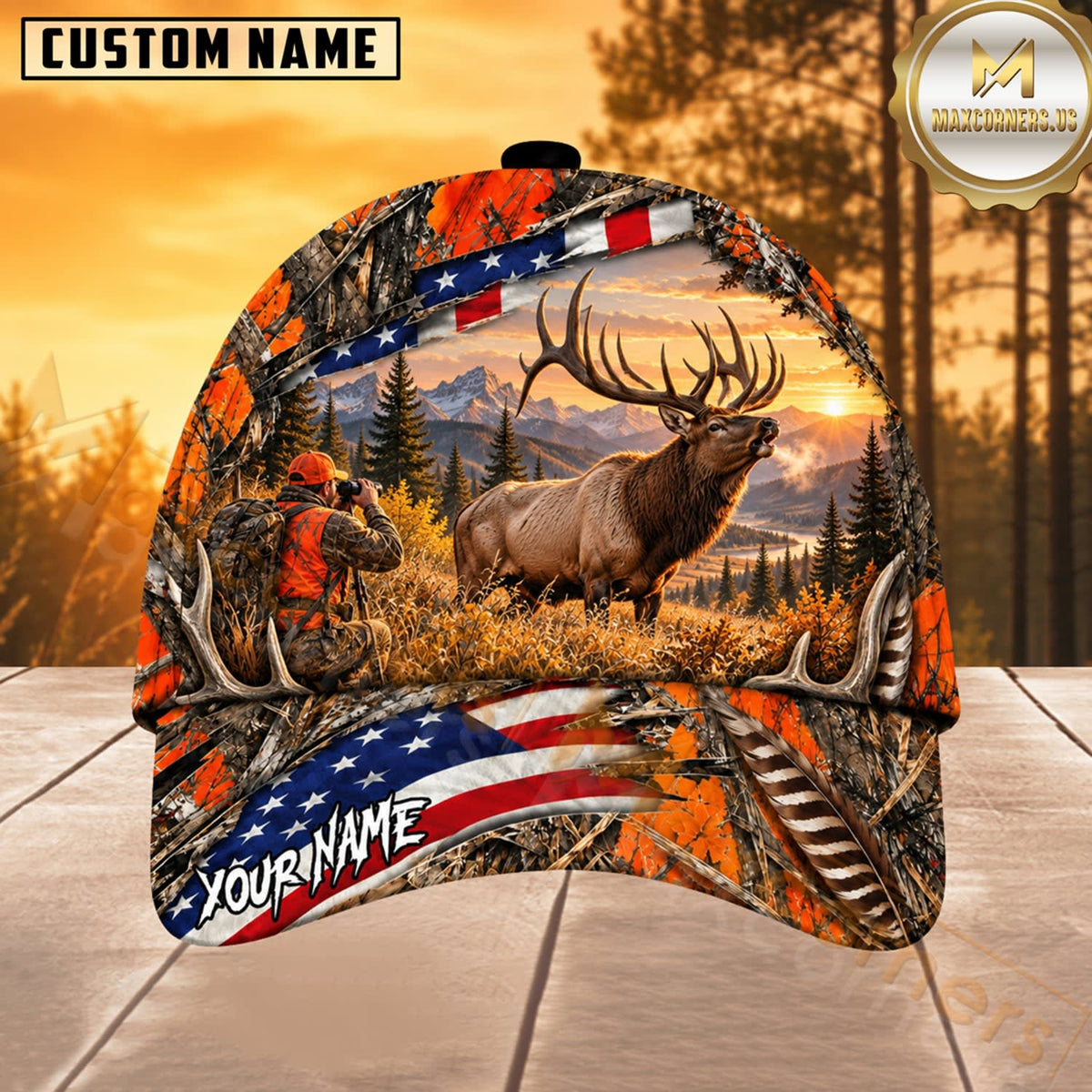 Maxcorners Hunting  American Flag Orange Camo Hunting Scene Multiple Options Personalized Name 3D Cap
