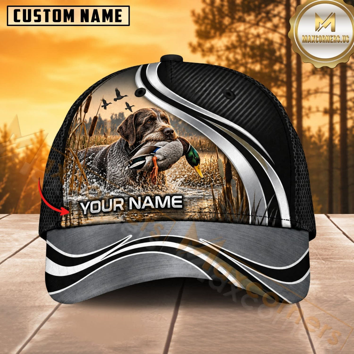 Maxcorners Dog Hunting And Duck Hunting Dog Black Silver Wave Personalized Name 3D Cap
-