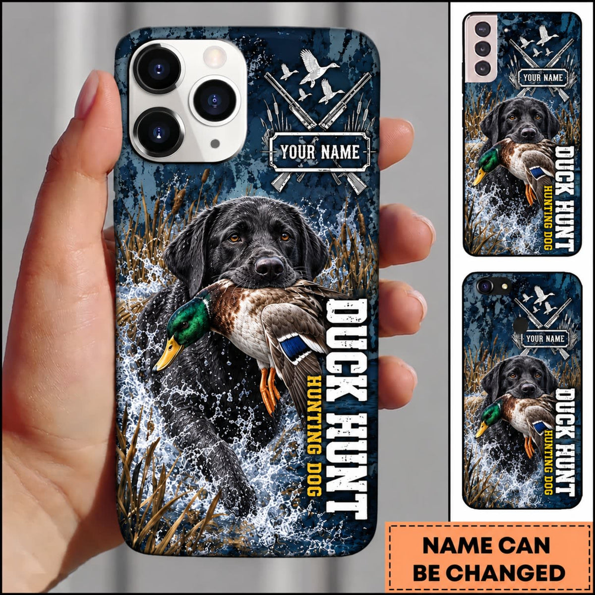 Maxcorners Duck Hunting Retriever Dog Blue Camo Duck Hunting Typography Personalized Name 3D Phone Case - Black Labrador Retriever