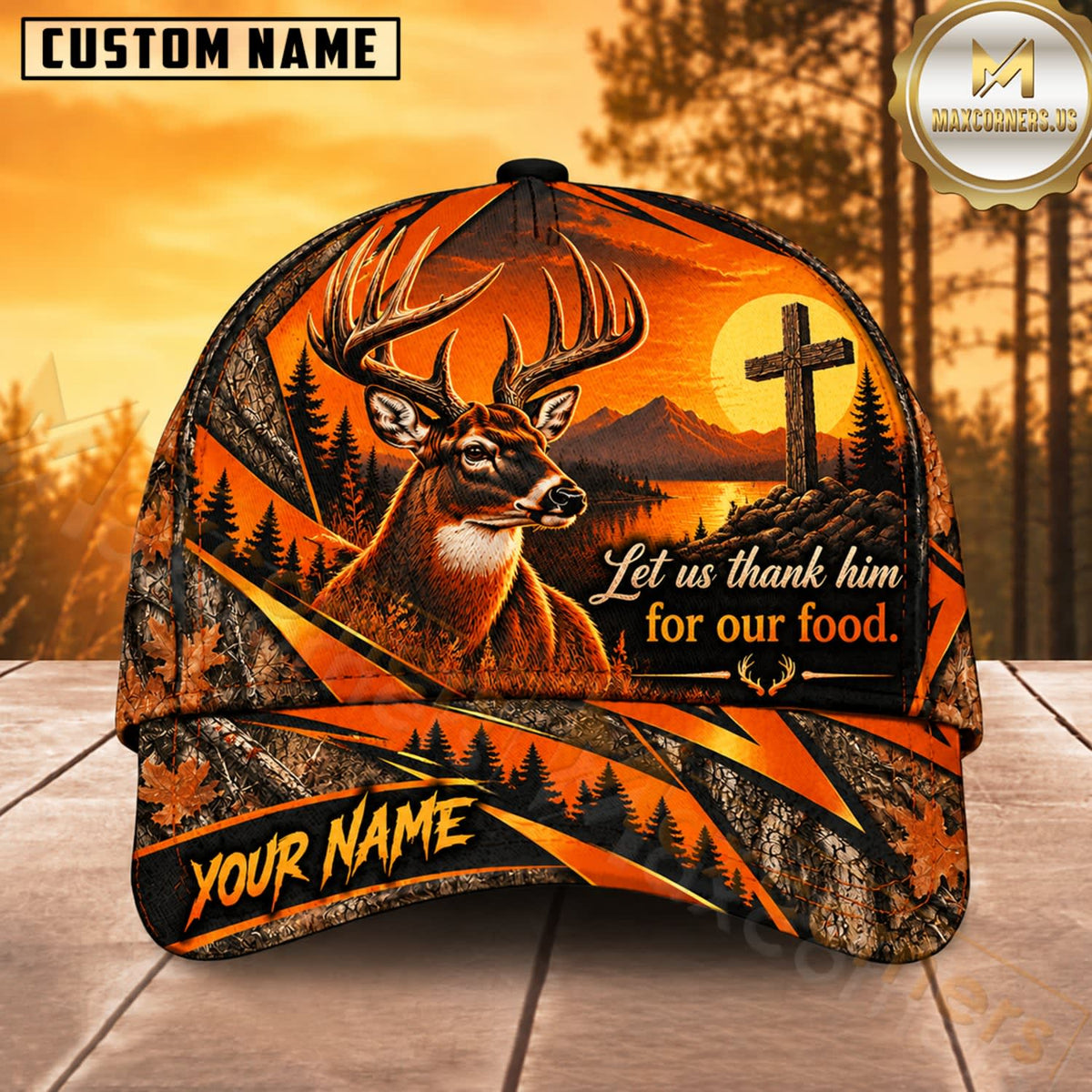 Maxcorners Deer Hunting Whitetail Buck Let Us Thank Him for Our Food Side Profile Camo Customized Name 3D Cap