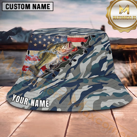 Maxcorners Fishing American Flag Blue Camo Lace-Up Personalized 3D Bucket Hat (13 Fish Species)