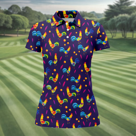 Maxcorners Retro Rooster Golf Shirt, Colorful Country Pattern Polo, Polo Shirts For Women LM1507