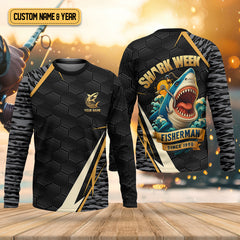 Maxcorners Shark Week Hexagon Pattern Black Fishing Shirt, SPF Shirt For Men, Men's Fishing Shirt