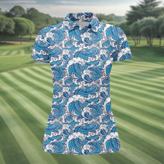 Maxcorners Japanese Wave Art Hawaiian Golf Shirt, Summer Ocean Women's Golf Tops, Ladies Golf Shirts LM1507