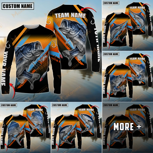 Maxcorner Fishing Blue Orange Line Jersey Sport Sun Protection Personalized Name And Team Name Long Sweat Shirt (6 Fish Species)