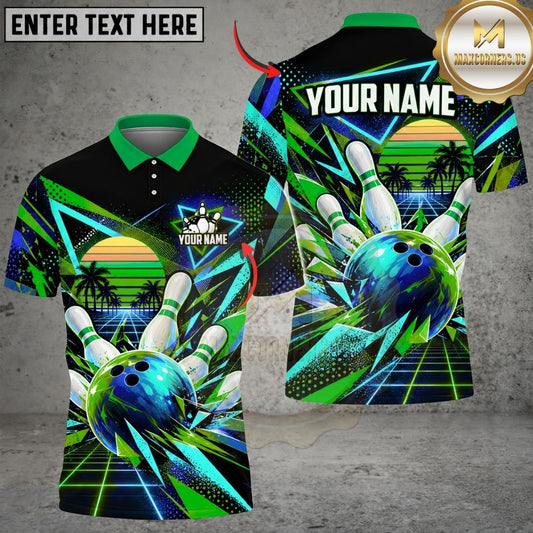 Maxcorners Bowling Synthwave Retro Neon Sunset Palm Trees Pins Strike Artwork Multicolor Customized Name, Team Name 3D Shirts