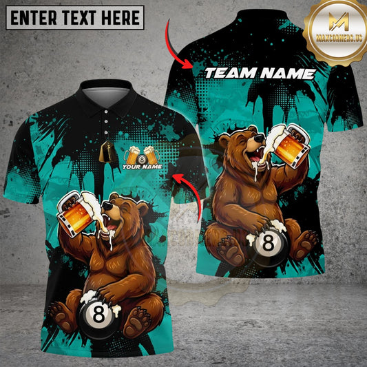 Maxcorners Billiards Ball 8 Happy Beer Bear Customized Name, Team Name 3D Shirt (6 Colors)
