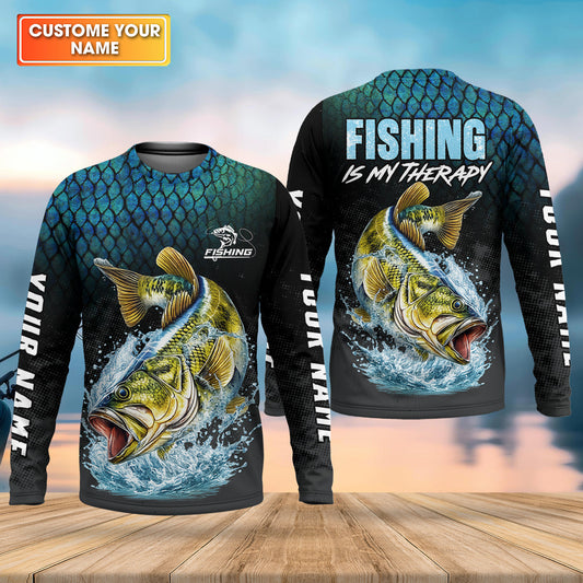 Maxcorners Fishing Is My Therapy Bass Fishing UPF Shirt – Personalized Fishing Shirt for Men