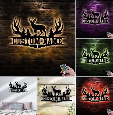 Maxcorners Personalized Deer Antler Metal Sign WITH LED/WITHOUT LED Light Custom Name Forest Wall Art Hunter Gift Rustic Cabin Decor LM0110