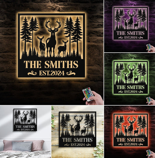 Maxcorners Personalized Deer Family Metal Sign WITH LED/WITHOUT LED, Rustic Cabin Wall Decor, Wildlife Hunting Lodge Name Sign LM0110