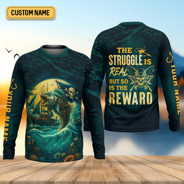 Maxcorners The Struggle Is Real But So Is The Reward Horror Fishing SPF Shirt For Men, Men's Fishing Shirts Long Sleeve