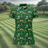 Maxcorners St Patrick's Day Leprechaun Golf Pose Rainbow Gold Pot Shamrock Golf Shirt, Women's Golf Shirts, Ladies Golf Polos