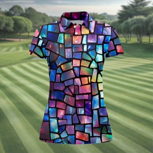 Maxcorners Colorful Stained Glass Mosaic Pattern Golf Shirt, Ladies Golf Shirts, Women’s Golf Apparel, Performance Golf Shirt LM1507