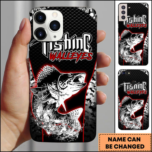 Maxcorners Walleye Fishing Black Red Camo Personalized Name 3D Phone Case