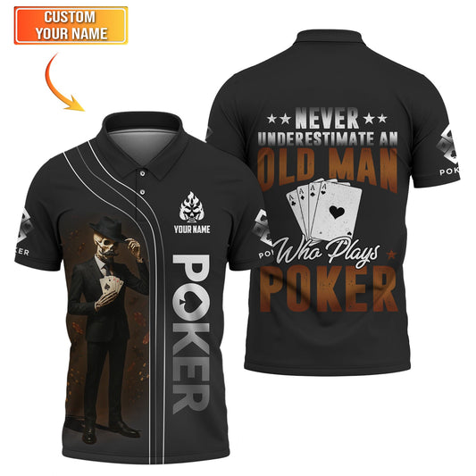 Maxcorners Poker T Shirt  Never Underestimate An Old Man Who Plays Poker Skeleton Card Player Black TeeLM1009