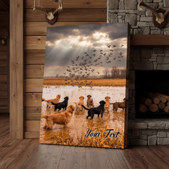 Maxcorners Waterfowl Hunting Dog With Duck At Sunrise Personalized Name Canvas