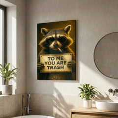 Maxcorners Raccoon Wearing Sunglasses Smoking Cigarette Holding Funny Quote Sign Canvas Wall Art