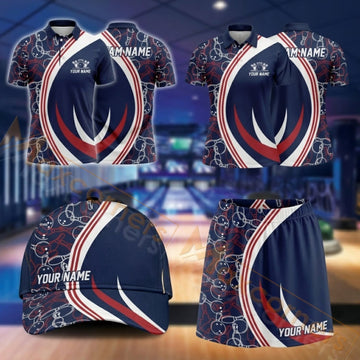 Maxcorners Bowling Red White Blue Patriotic Shield Design Personalized Team Sportswear Set - Polo Shirt, Cap & Skorts