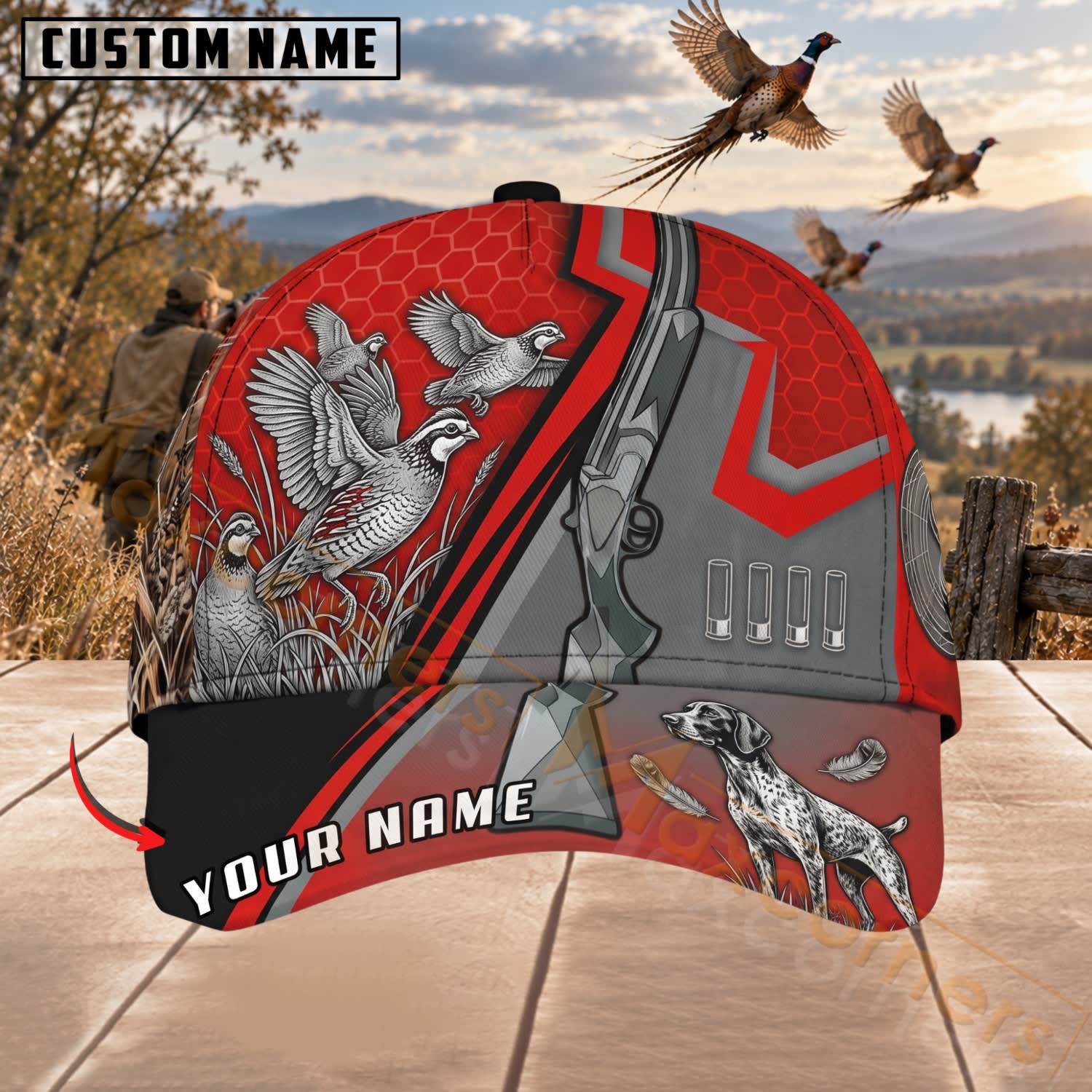 Maxcorners Upland Bird Hunting Red Pheasant & Shotgun Personalized Name 3D Cap