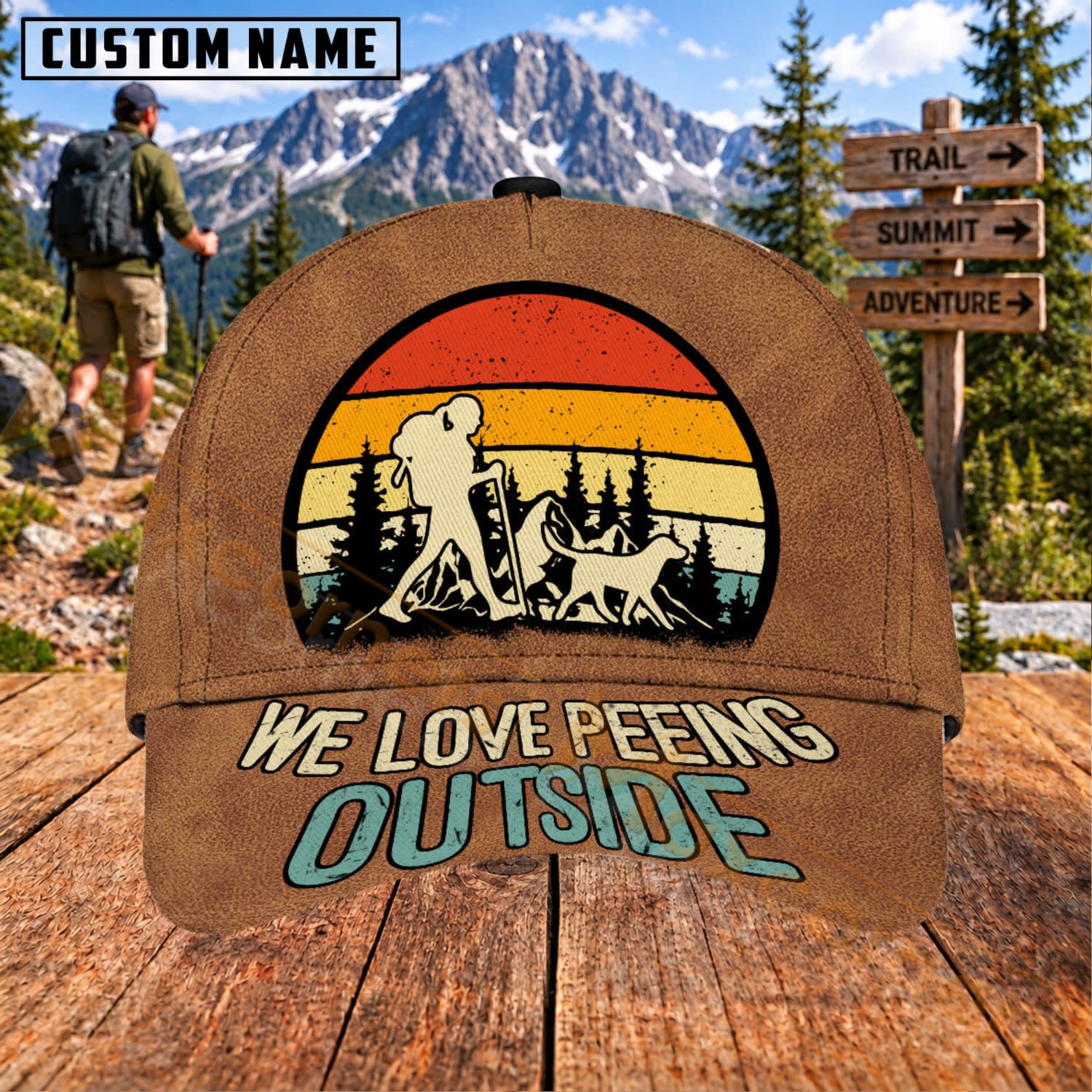 Maxcorners Hiking Retro Sunset Camping Outdoors Personalized Name 3D Cap