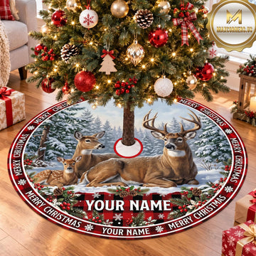 Maxcorners Hunting Moose Deer Red Plaid Woodland Personalized Name 3D Christmas Tree Skirt
