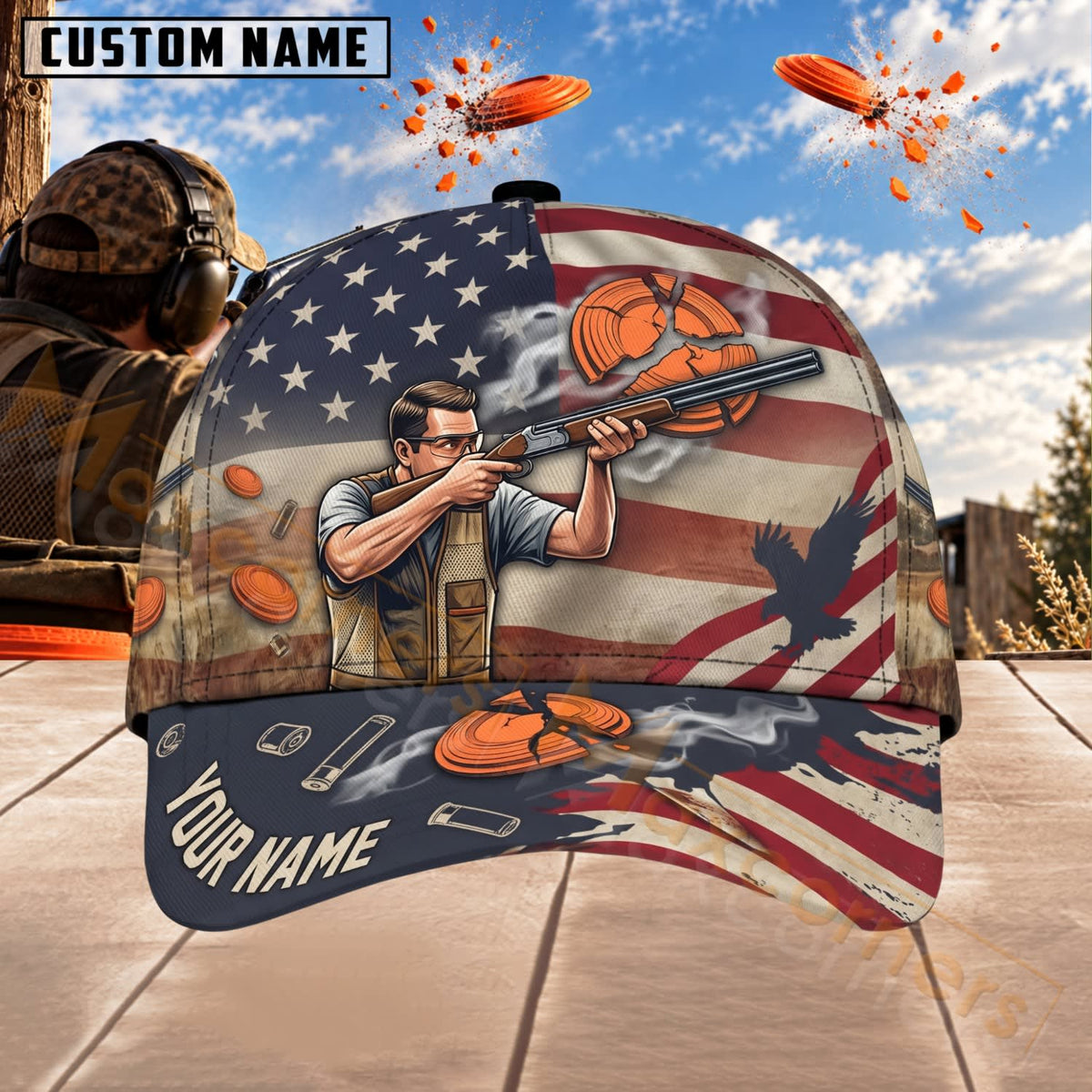 Maxcorners Trap & Skeet Shooting Patriotic Clay Shooter Personalized Name 3D Cap