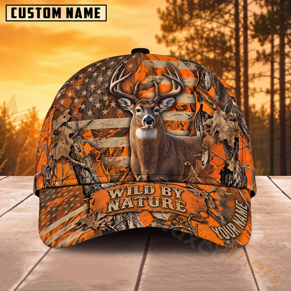 Maxcorners Whitetail Deer Hunting American Flag Wild By Nature Personalized Name 3D Cap