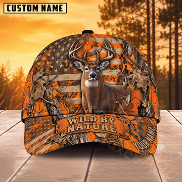 Maxcorners Whitetail Deer Hunting American Flag Wild By Nature Personalized Name 3D Cap