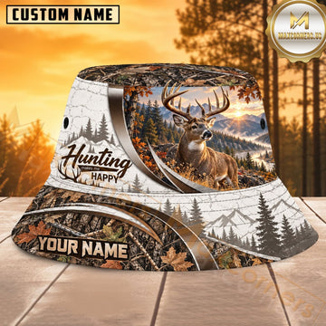 Maxcorners Deer Hunting Mountain Pine Forest Personalized Name 3D Bucket Hat