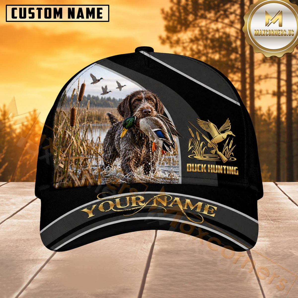 Maxcorners Dog Hunting And Duck Golden Sunset Wetland Scene Multiple Options Personalized Name 3D Cap