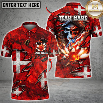 Maxcorners Bowling Denmark Flag Fiery Samurai Personalized Name 3D Unisex Shirt