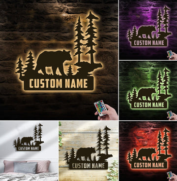 Maxcorners Personalized Bear Metal Sign WITH LED/WITHOUT LED Light Custom Name Mountain Scene Wall Art Cabin Lodge Rustic Decor Gift LM0110
