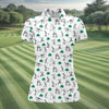Maxcorners Stick Figure Golf Pose St Patrick's Day Shamrock White Golf Shirt, Women's Golf Tops, Ladies Golf Polos