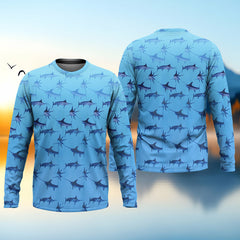 Maxcorners Swordfish Pattern Blue Fishing Shirt, Cute Fishing Outfits, SPF Shirt For Men, Men's Fishing Shirt