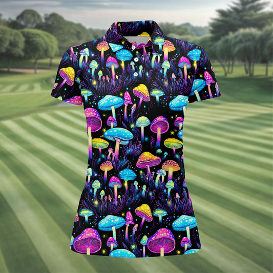 Maxcorners Colorful Neon Mushroom Fantasy Forest Golf Shirt, Women’s Golf Polo, Golf Tops For Women, Printed Golf Shirt LM1507