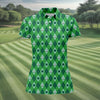 Maxcorners Lucky Four Leaf Clover Golf Ball Pattern Argyle Pattern St Patrick's Day Golf Shirt, Women's Golf Tops