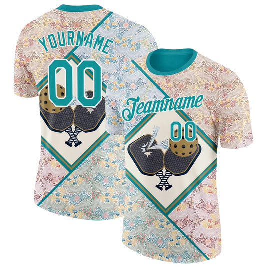 Maxcorners Pickleball Paddle Vintage Floral Pattern Teal Geometric Personalized Name 3D Unisex Shirt