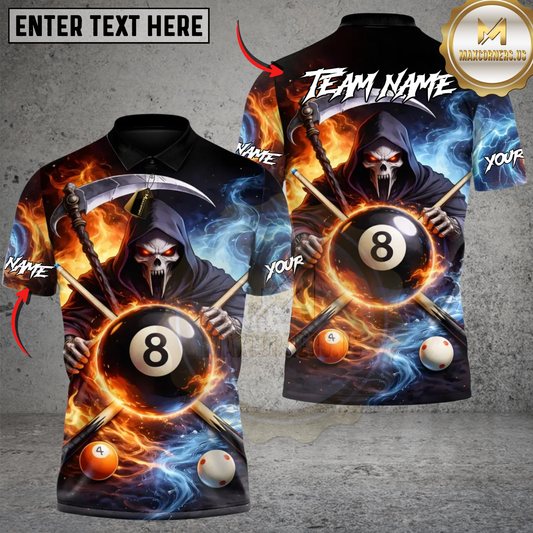 Maxcorners Billiard Ice Smoke & Fire Skull 8-Ball Personalized Name 3D Unisex Shirt