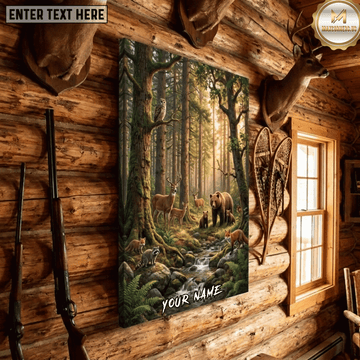 Maxcorners Deer Hunting Deer Family Bear Family Fox Raccoon Owl Forest Stream Sunrise Wildlife Gathering Canvas Wall Art